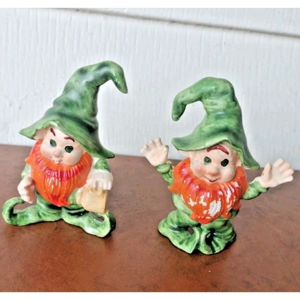 Vtg Lefton Green Leprechaun Gnome Ceramic Figurines Pair Set St. Patrick's READ